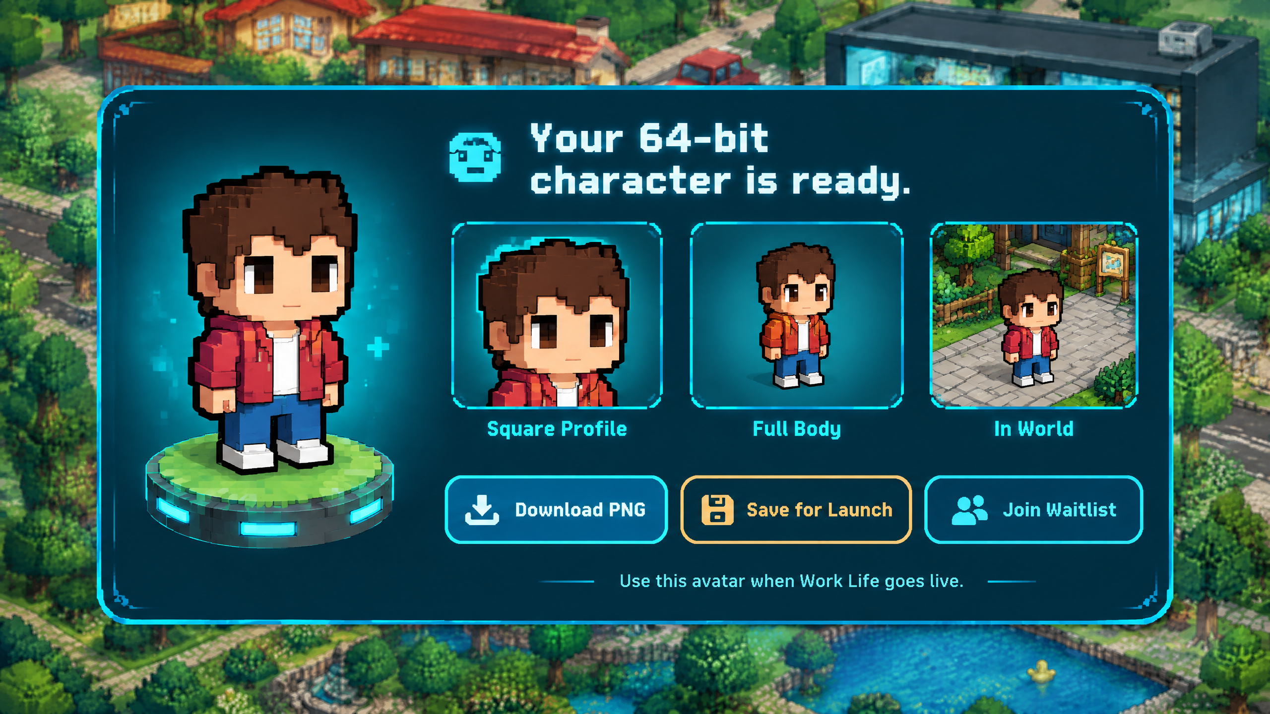 Work Life avatar with profile, full-body and in-world views