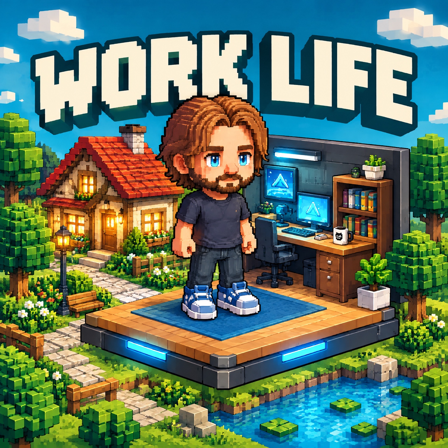 Approved Work Life style reference: a voxel character in a detailed Home, Park and Office world