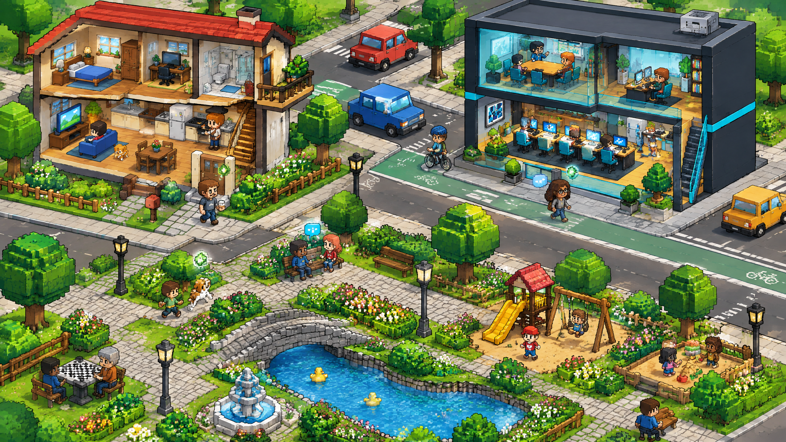 A detailed voxel neighborhood with a cozy home, glass-front office and leafy community park